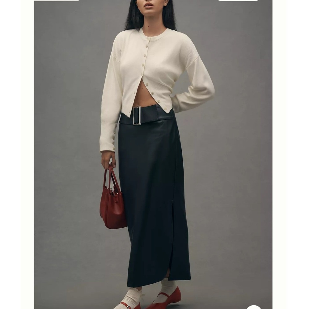 Anthropologie Belted Faux Leather Column Maxi Skirt Size 6 Black Side Slit Chic